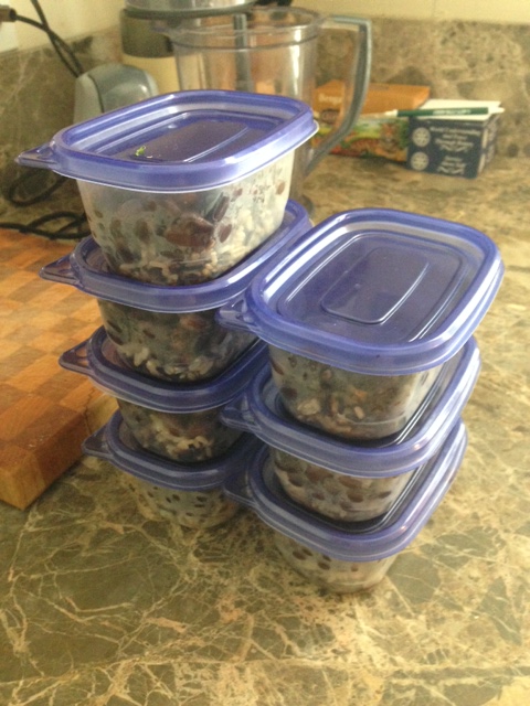 Here are my seven little containers with lids on top---ready to freeze.